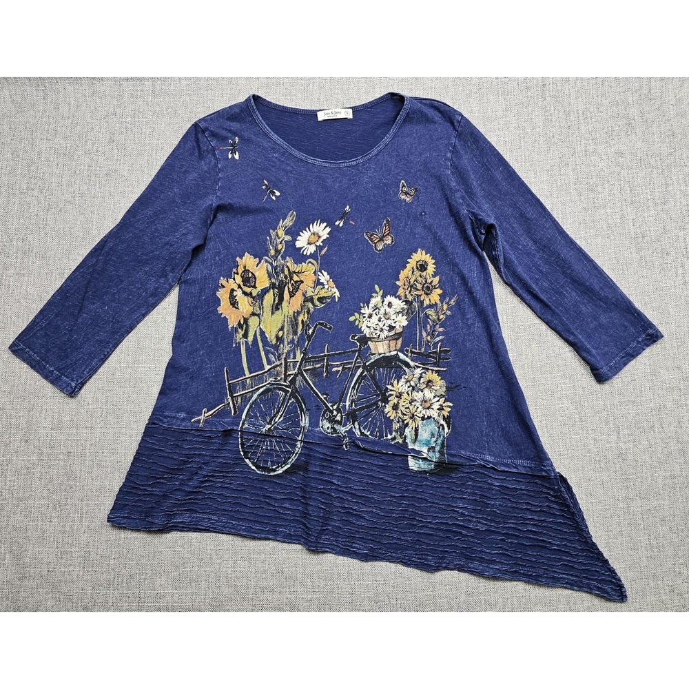 Jess & Jane Shirt Womens Small Blue Bicycle Floral Butterfly Hi Low Tunic‎ Top
